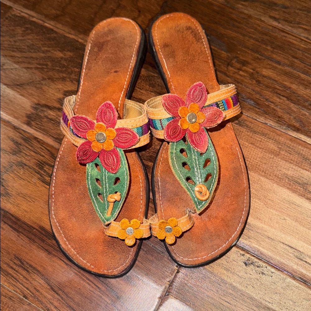 Floral Embellished Sandals - Brown Red & Green women’s shoe - size 39
